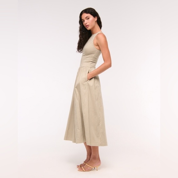 Abercrombie & Fitch Light Brown Check High Neck Drop Waist Sleeveless Midi Dress - Picture 3 of 13